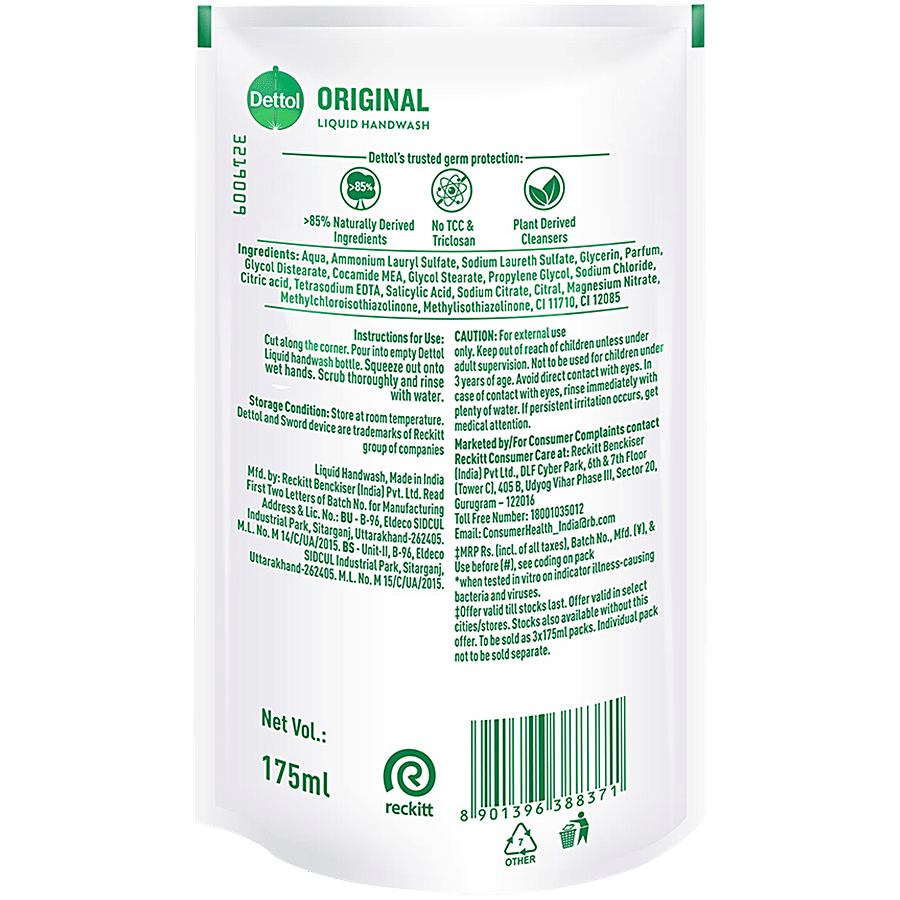 Dettol Liquid Handwash Original, 175 ml x 3 Pcs (525ml) Refill Pouch — image 3